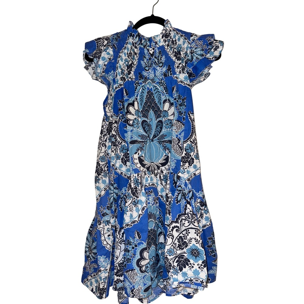 Love the Label Dress XS Blue White Floral‎ Smocked Neck Ruffle Sleeve